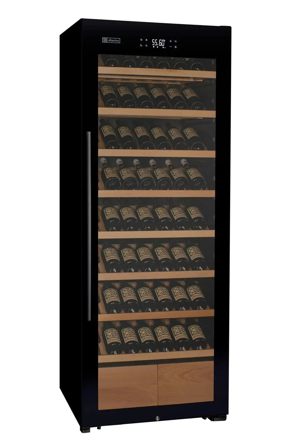 29" Wide 248 Bottle Single Zone Black Glass Left Hinge Wine Refrigerator with Display Shelving