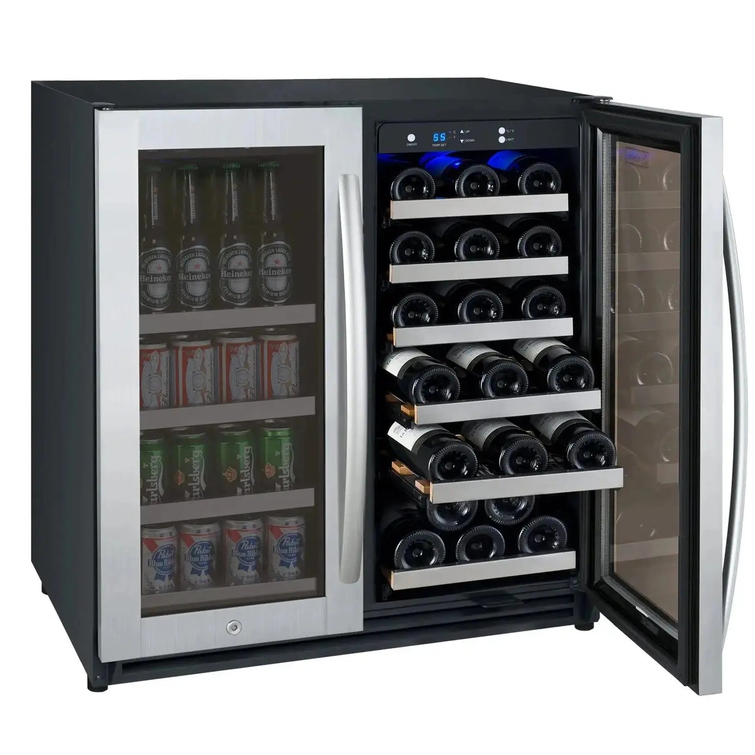30" Wide FlexCount II Tru-Vino 30 Bottle/88 Can Dual Zone Stainless Steel Built-In Wine Refrigerator/Beverage Center